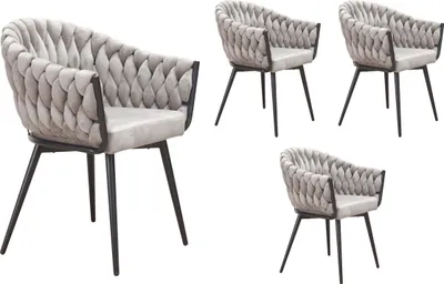 Produktbild von LC Home 4er Set Esszimmerstuhl »Remy« Flechtoptik Samt hellgrau / taupe Armlehnstuhl Designerstuhl
