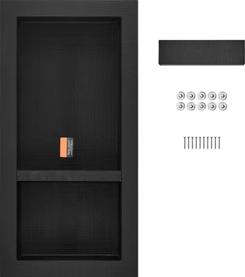 Zdjęcie produktu dla SucceBuy wnęka prysznicowa gotowa do wyłożenia płytkami, 40,64 x 81,28 cm organizer z podwójną półką, kwadratowa narożna wnęka ścienna, szczelna ochrona do nowoczesnego przechowywania w łazience, czarna