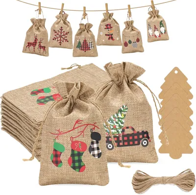 Immagine prodotto di Calendario dell'Avvento grande - Set da 24 - Sacchetti in juta - 13 x 18 cm - Sacchetti in juta natalizi - Per regali