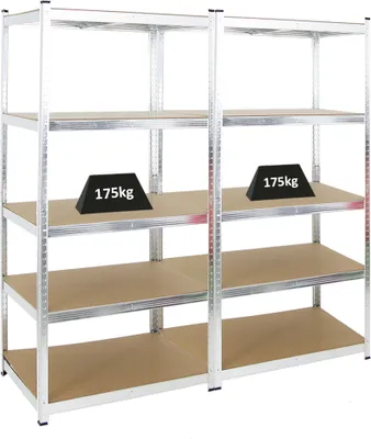 Produktbild von Mega Deal | 2x Schwerlastregal Ragnar | HxBxT 180x90x60cm | 5 MDF-Platten-Ebenen | Fachlast 175kg | Verzinkt