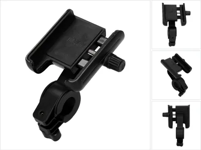 A black smartphone holder for a bicycle or scooter.