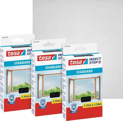 Produktbild von tesa 3x Insektenschutz Standard Fliegengitter Fenster ohne Bohren grau 1,1x1,3 m