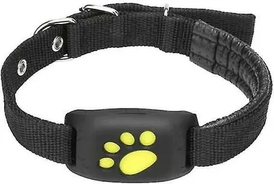 A black pet collar with a black tracking device featuring a yellow paw print.
