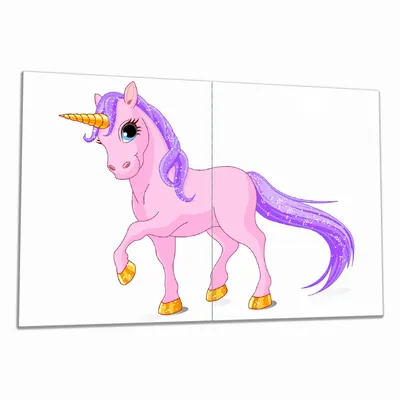 Produktbild von Wallario Herdabdeckplatte aus Glas, Größe 80 x 52 cm 2-teilig, Motiv Einhorn in rosa mit Schweif in lila
