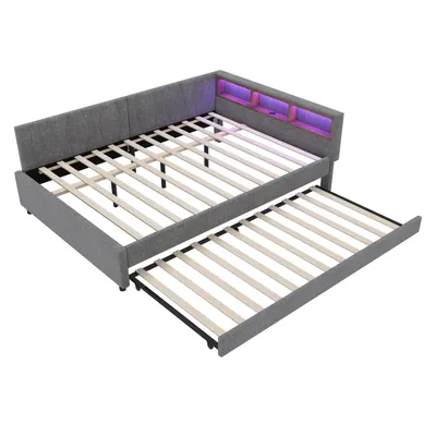 Produktbild von Flieks Polsterbett Schlafsofa 140x200cm mit Ausziehbett & LED, Tagesbett Jugendbett mit USB&Typ C, Doppelbett mit Staufach, Leinen, Grau