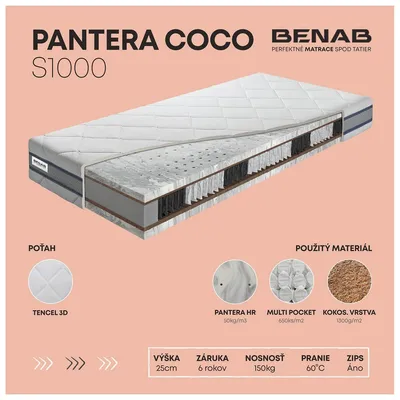 Obrázok produktu pre Taštičkový matrac Benab Pantera Coco S1000 Matrac 180 x 200 cm H4 / H5 tvrdosť 25 cm výška Taštičkové matrace, Lyocel 3D, Kokos, Extra tvrdá pena, Multi pocket, 7 zón