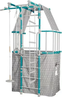 Produktbild von Indoor Sprossenwand für Zuhause Klettergerüst aus Holz mit Gymnastikringe Indigo Pastell, türkis