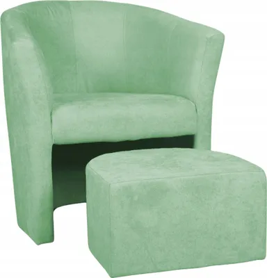 A mint green armchair with a matching ottoman on a white background.
