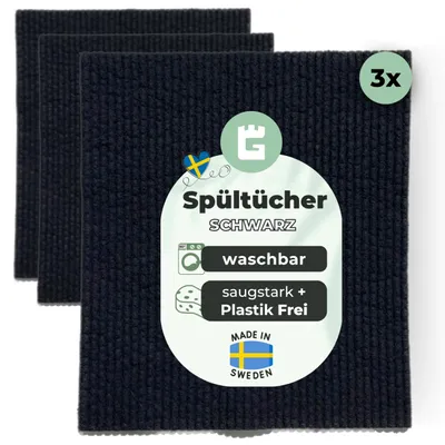 Spültücher waschbar, 3er-Set, schwarz, Baumwolle/Holzzellstoff
