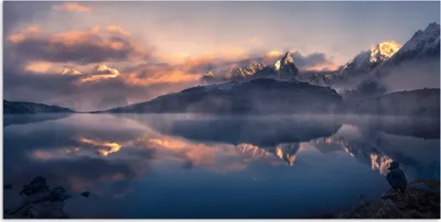 Produktbild von MuchoWow® Poster Landschaft - Wasser - Berg - Schnee - Sonnenuntergang 40x20 cm - Poster für die Wand - Poster Schlafzimmer