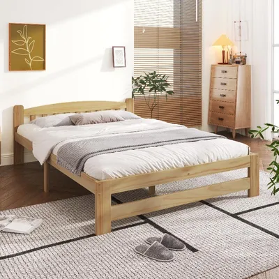 Produktbild von Bettgestell 140x200 cm Natur aus Kiefernholz mit Kopfteil und Lattenrost für Schlafzimmer Massivholzbett 140x200