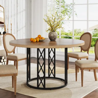 Produktbild von Runder Esstisch für 4 Personen, 120 cm moderner Küchentisch mit Holzmaserung und Metallgestell, rustikaler runder Tisch für Esszimmer und Wohnzimmer