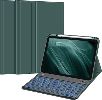 Produktbild von Fintie Hülle mit Tastatur für iPad 11 Generation 2025 11 Zoll, iPad 10 Generation 2022 10.9 Zoll, 7-farbig Beleuchteter Magnetischer Abnehmbarer Keyboard Hülle mit Stifthalter, Dunkelgrün