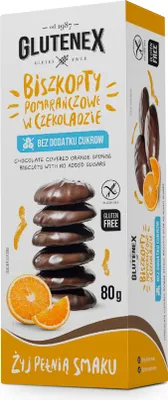 Produktbild von ORANGEN-LÖWENBISKUITS IN SCHOKOLADE, OHNE ZUSATZZUCKER, GLUTENFREI, 80 g – GLUTENEX