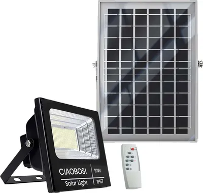 Zdjęcie produktu dla Avizar, reflektor solarny LED 10 W, IP67, z zewnętrznym panelem i pilotem, czarny przezroczysty