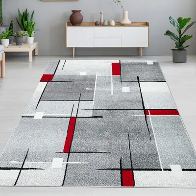 Image de Tapis design à motifs graphiques - Gris, rouge & blanc Taille - 140 x 200 cm