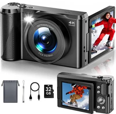 Obrázek produktu pro Digitální fotoaparát, 4K, 56 MP, fotoaparát s 3palcovým otočným displejem (180°), 16x automatickým ostřením, digitálním zoomem, kompaktní fotoaparát s 32G kartou, vloggingový fotoaparát pro děti, teenagery a začátečníky