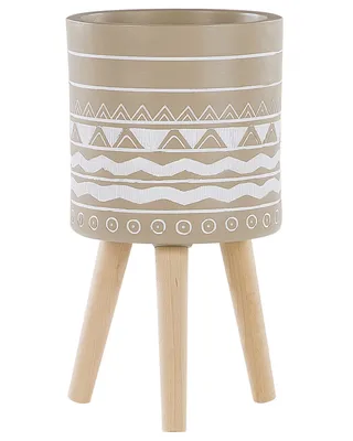 Produktbild von BELIANI Blumenbehälter Beige Magnesium ⌀ 25 cm Beine aus Buchenholz weißes Muster handgemalt Dekorativ Innen- und Außenbereich