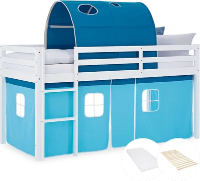 Produktbild von Homestyle4u 2997, Hochbett 90x200 mit Matratze Tunnel Vorhang blau Kinderbett Weiß Holz Massiv Stockbett Lattenrost