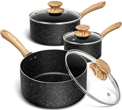 Produktbild von MICHELANGELO 3-teiliges Stielkasserollen-Set, 1 l, 2 l, 2,8 l, Granit-Antihaftbeschichtung