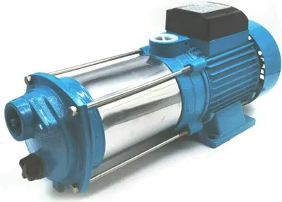 A blue and silver water pump is shown against a white background.