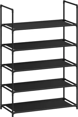 A black, multi-tiered shoe rack against a white background.