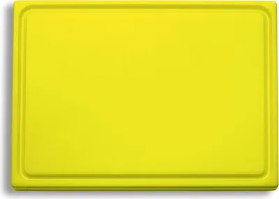 A yellow plastic cutting board with a juice groove.