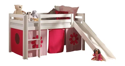 Produktbild von Vipack Spielbett Pino mit Rutsche und Textilset "Pink Flower" - Kiefer massiv weiß lackiert, Maße: 210 cm x 114 cm x 218 cm; PICOHSGB1473