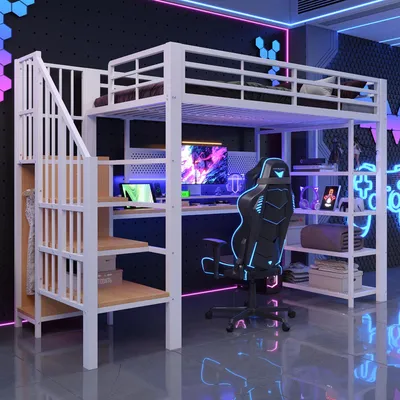 Zdjęcie produktu dla Łóżko piętrowe Flieks 90 x 200 cm z oświetleniem LED, łóżko piętrowe z biurkiem i szufladą, łóżko dziecięce/młodzieżowe z półką i drążkiem na ubrania, metalowe łóżko w kolorze białym