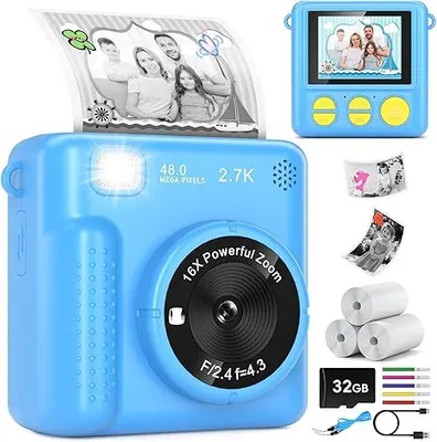 Produktbild von Kinder Digitalkamera,Kinderkamera mit Sofortdruck, Weihnachts und Geburtstagsgeschenke2,4 Zoll,1080P, für 3+Jahre alte Mädchen und Jungen,blau
