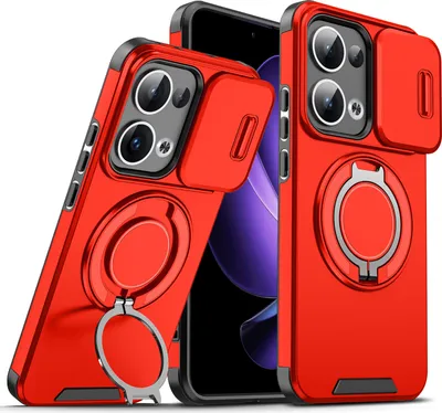 Image de Etui double couche pour Oppo Reno13, avec couvercle coulissant pour l'appareil photo et anneau magnétique Rouge