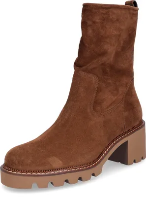A single brown suede boot is shown against a white background.