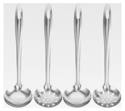 Produktbild von 4-teiliges Edelstahl Suppenkellen-Set, 2 Suppenlöffel und 2 Sieblöffel mit langem Griff, rostfrei und langlebig für Küche, Restaurant und Buffet