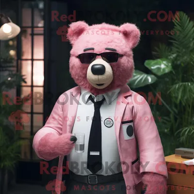 Produktbild von Maskottchencharakter REDBROKOLY eines rosa Bären mit Blazer und Brille
