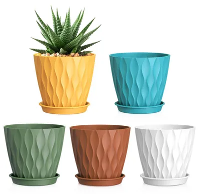 Obrázek produktu pro Sada 5 květináčů z plastu, průměr 15 cm, s podtácemi a drenážními otvory, s 3D vlnitým povrchem, v různých barvách
