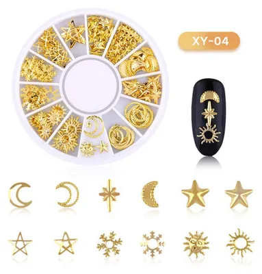 Produktbild von Schachtel Strasssteine für Nagelkunst, 3D-Nageldekorationen, Nagelperlen in verschiedenen Größen, Glitzer-Strasssteine, goldene Metall-Hohlnieten, Nagelkunst-Accessoires mit Stern-, Mond- und Sonnenmotiven für DIY-Nageldesign