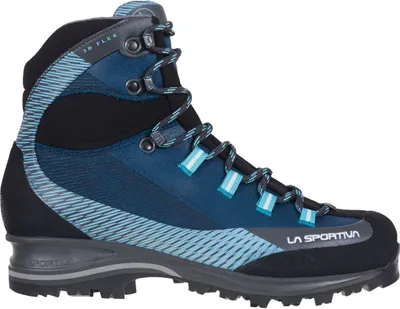 Bergschuh für Damen; Modell "Trango Trk Leather Woman GTX" von La Sportiva; in Blau und Schwarz mit auffälligen Schnürsenkeln.