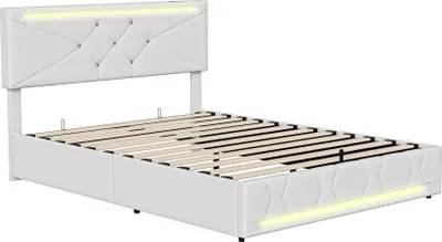 Zdjęcie produktu dla UnboxG łóżko tapicerowane 160x200cm z funkcją ładowania (USB&Typ-c), łóżko młodzieżowe podwójne łóżko do przechowywania z LED, łóżko na sprężynach hydraulicznych, pościel, beżowy