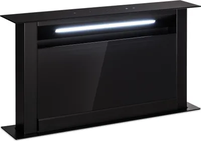 A black downdraft range hood is shown against a white background.