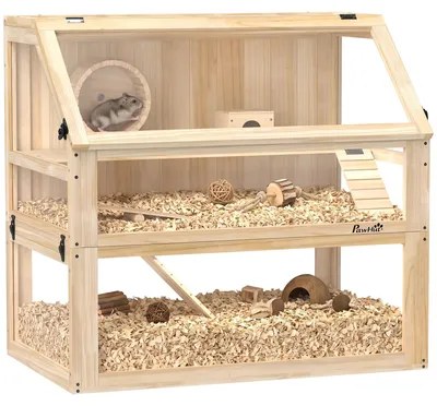 Produktbild von Hamsterkäfig aus Holz 3 Etagen Nagarium Nagerkäfig mit klappbarem Deckel Laufrad 80 x 50 x 76 cm Naturholz