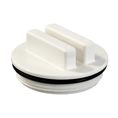 A white plastic pool winter plug with a black O-ring and threaded base.