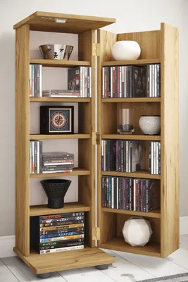 Produktbild von VCM Holz CD DVD Stand Regal | platzsparender CD Schrank mit abschließbarer Holztür für 300 CDs oder 130 DVDs oder 72-Videos | Maße: H. 93 x B. 31 x T. 31 cm | 10 variable Einlegeböden – Engalo L