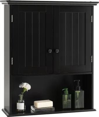 Produktbild von GOPLUS Hängeschrank Bad, Badschrank Holz mit verstellbarem Regal, Wandschrank hängend, 60×19×71cm, Schwarz