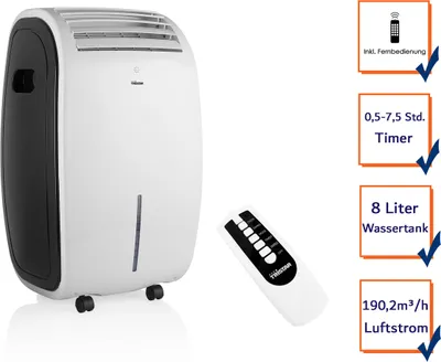 A white dehumidifier with a black side panel and a remote control, presented with feature callouts.