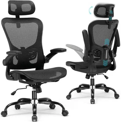 Produktbild von Famanu Bürostuhl mit verstellbarer Kopfstütze, Armlehnen und Lendenstütze - Schwarz