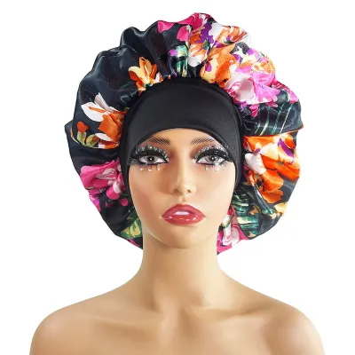 Produktbild von Haarhaube aus Seidensatin, extragroße Schlafhaube aus Satin, bequemer Blumendruck, elastisches Band, hohe Dichte, Damenzöpfe, lockige Nachtmütze, A