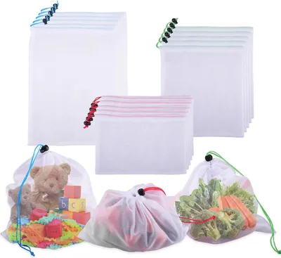 Produktbild von 15 Stück Obst- und Gemüsebeutel, Wiederverwendbare Netzbeutel, Gemüsebeutel mit Kordelzug, Faltbar Mesh Bag in 3 Größen, Einkaufstasche für Obst und Gemüse zur Aufbewahrung