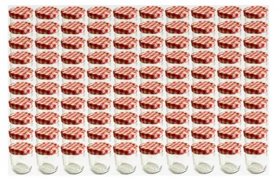 Produktbild von 100er Set Mini Sturzgläser 53 ml mit rotem kariertem Deckel To 43