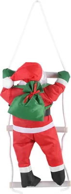 A Santa Claus decoration climbing a ladder.