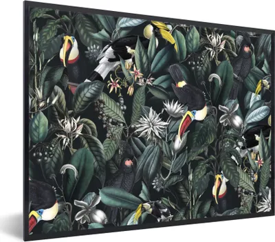 Produktbild von MuchoWow® Gerahmtes Poster Blumen - Tukan - Blätter 40x30 cm - Poster mit Schwarzem Bilderrahmen Wandposter Rahmen Foto Bilder - Kunstposter - Wanddekorationen